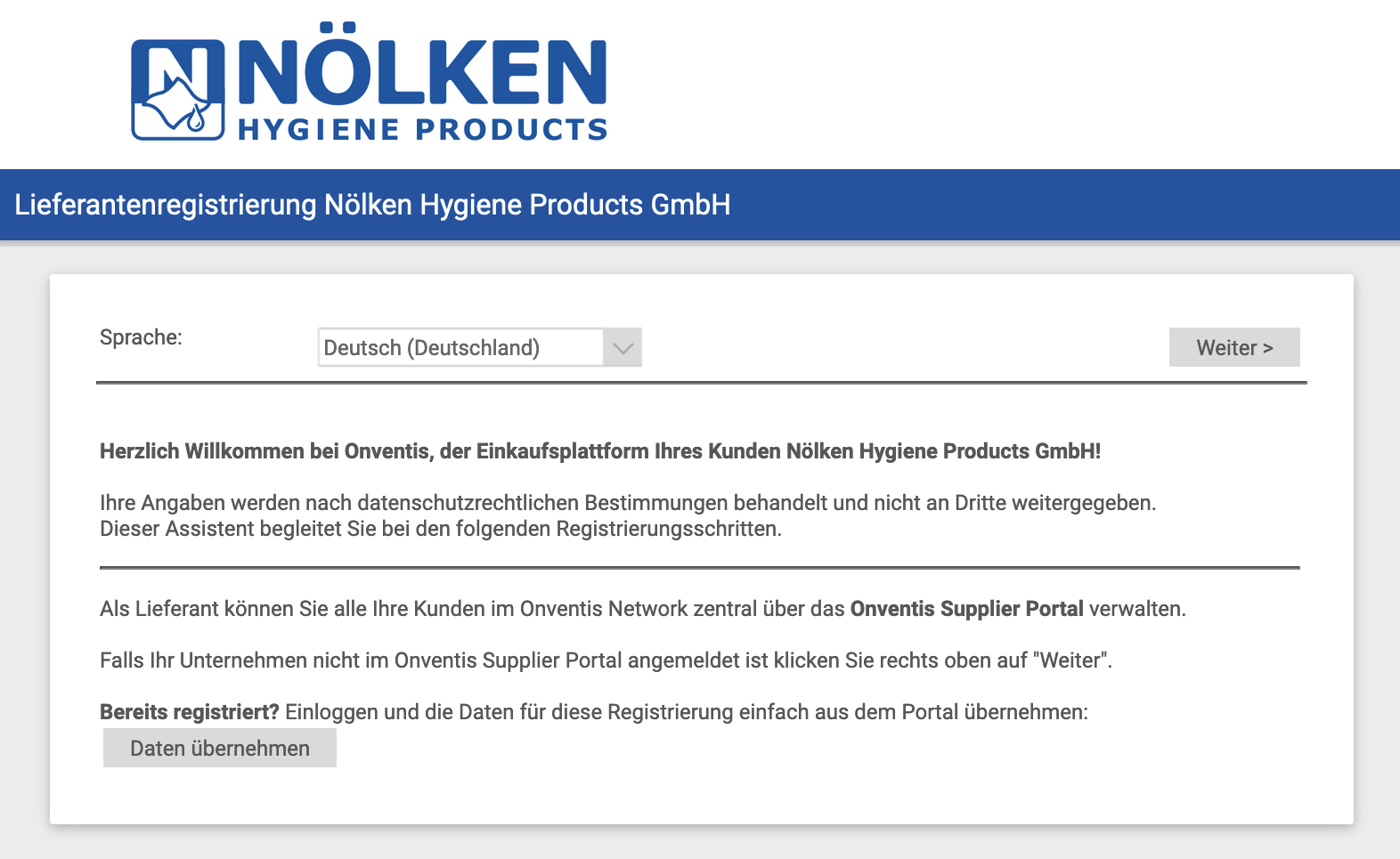 Link zur Lieferantenregistrierung der Nölken Hygiene Products GmbH.